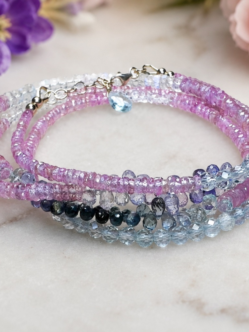 14K Gold Gemstone Wrap Bracelet Necklace: Moonstone, Sapphire, Aquamarine